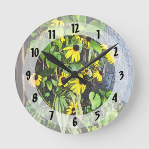Black Eyed Susans By Stone Wall Round Clock