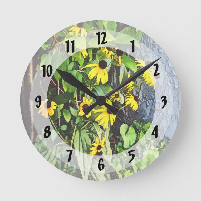 Black Eyed Susans By Stone Wall Round Clock (Front)