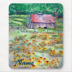 Black-Eyed Susans Wildflower Barn Watercolor Mouse Pad