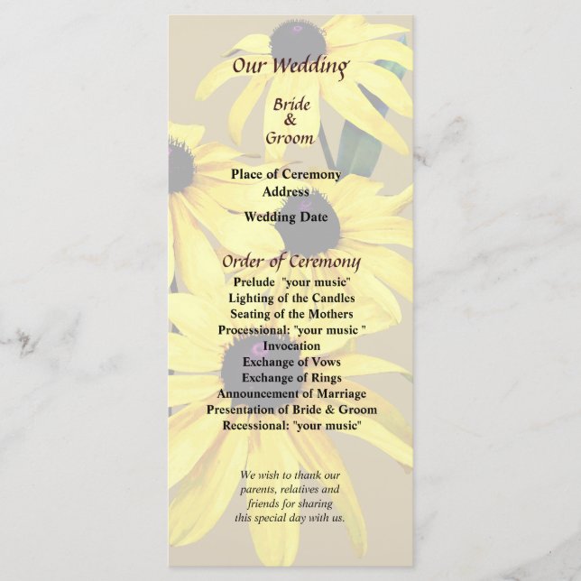 Black Eyed Susansin a Row Wedding Program Programme (Front)