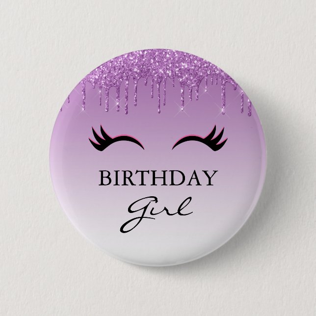 Black Eyelashes & Purple Glitter Birthday Girl 6 Cm Round Badge (Front)