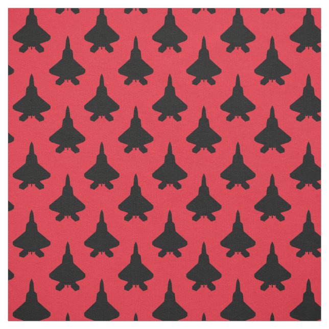 Black F-22 Raptor Fighter Jet Pattern on Red Fabric (Swatch)