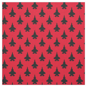 Black F-35 Lightning Fighter Jet Pattern on Red Fabric