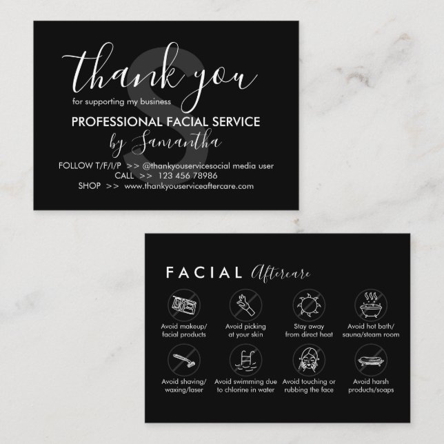 Black Facial Aftercare Advices Instruction Thank Business Card (Front/Back)