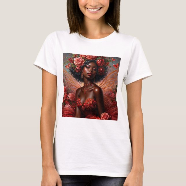 Black Fairy Girl With Roses T-Shirt (Front)