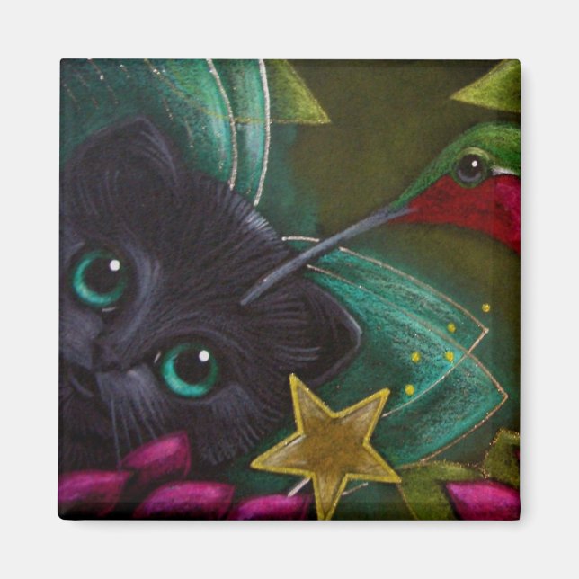 BLACK FAIRY KITTEN CAT & HUMMINGBIRD Magnet (Front)