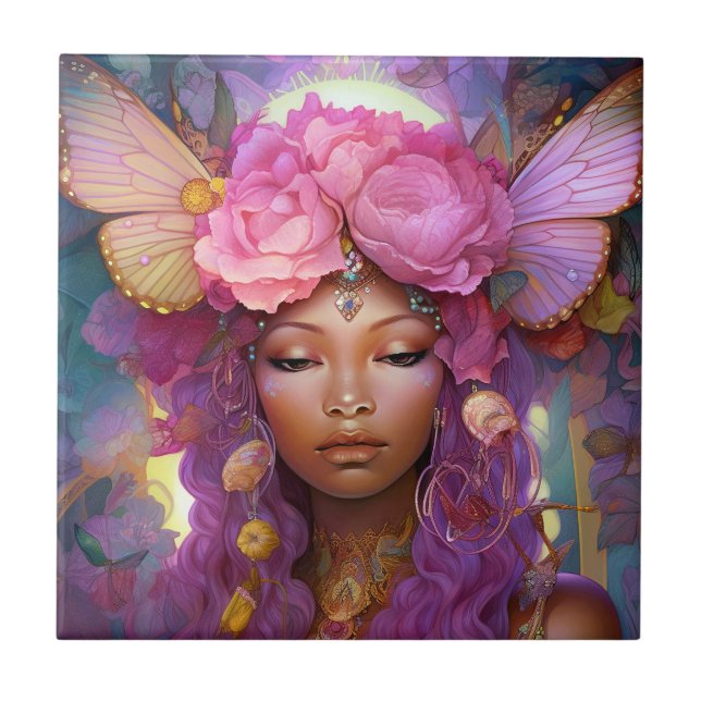 Black Fairy Queen Pink Purple Fantasy Art Tile (Front)