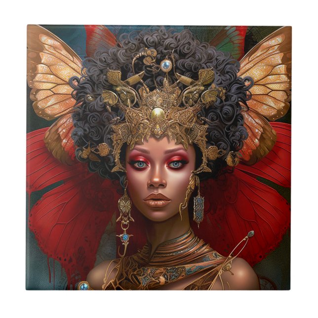 Black Fairy Queen Red Gold Fairy Fantasy Art Tile (Front)