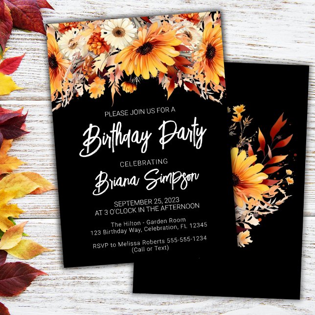 Black Fall Floral Birthday Party Invitation (Creator Uploaded)