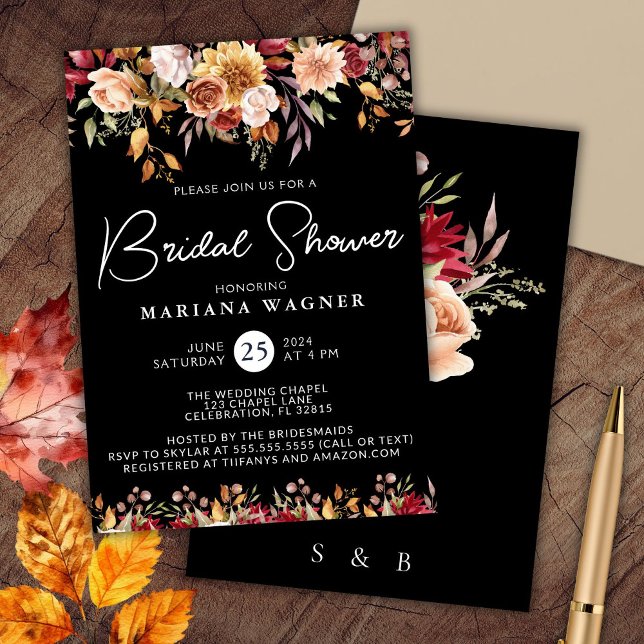 Black Fall Floral Bridal Shower Invitation (Creator Uploaded)