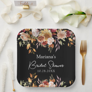 Black Fall Floral Bridal Shower Paper Plate