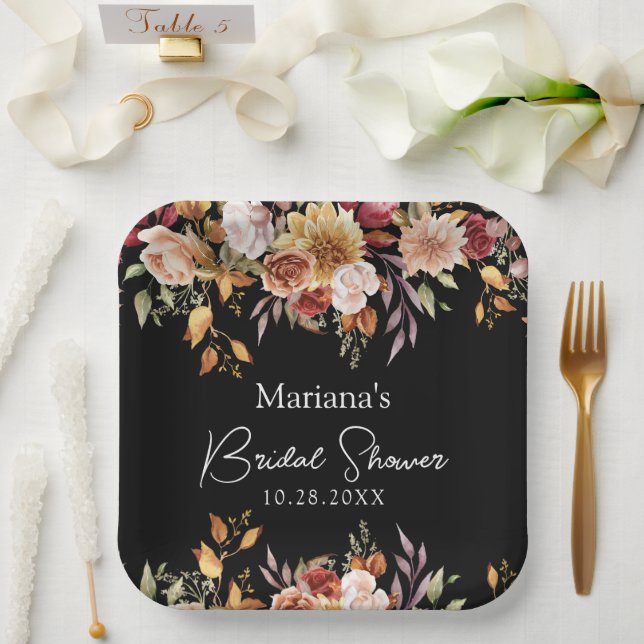 Black Fall Floral Bridal Shower Paper Plate (Wedding)