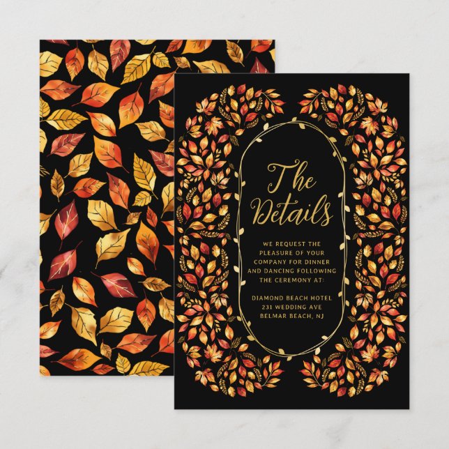 Black Fall Rustic Leaves Boho Wedding Details  Enclosure Card (Front/Back)