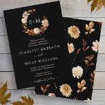Black Fall Terracotta Monogram Wreath Wedding Invitation<br><div class="desc">Black Fall Terracotta Monogram Wreath Wedding Invitation. This elegant and rustic wedding invitation features hand-painted watercolor burnt orange and terracotta leaves, cream and beige dahlias, and beautiful rust-coloured roses perfect for a fall or autumn wedding! The back of the invite has a beautiful leaf and floral pattern on a black...</div>