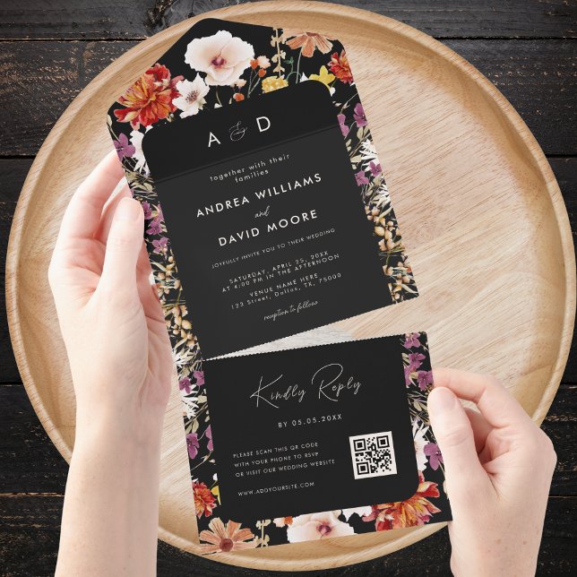 Black Fall Wildflowers Botanical QR Code Wedding   All In One Invitation (Creator Uploaded)