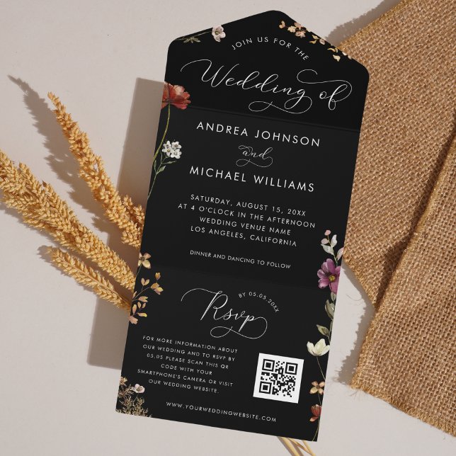 Black Fall Wildflowers QR Code Dark Autumn Wedding All In One Invitation (Creator Uploaded)