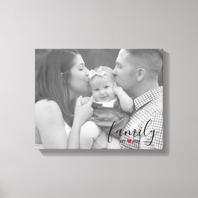 Black Family Est. Year with Red Heart Family Photo Canvas Print (Front)