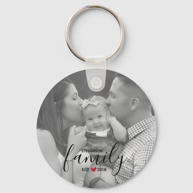 Black Family Est. Year with Red Heart Family Photo Key Ring (Front)