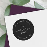 Black Family Name Return Address Classic Round Sticker<br><div class="desc">Black Family Name Return Address Classic Round Sticker features your family last name and address in white against a black colour. Check out the matching wedding items https://www.zazzle.com/collections/119930609931325936 Personalise it by replacing the placeholder text. For more options such as to change the font, it's size and spacing between letters click...</div>
