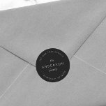 Black Family Name Return Address Modern Classic Round Sticker<br><div class="desc">Black Family Name Return Address Classic Round Sticker features your family last name and address in white against a black colour. Check out the matching wedding items https://www.zazzle.com/collections/119930609931325936 Personalise it by replacing the placeholder text. For more options such as to change the font, it's size and spacing between letters click...</div>