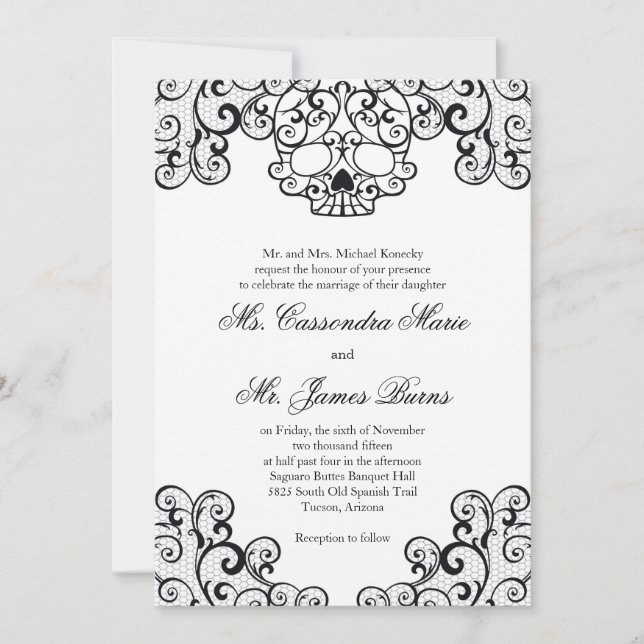 Black Fancy Lace Skull Wedding Invitation (Front)