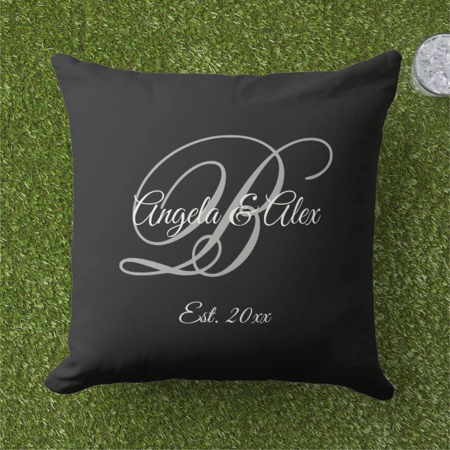 Black Fancy Wedding Anniversary Monogram Cushion (Grass)