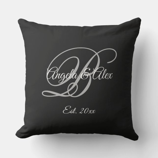 Black Fancy Wedding Anniversary Monogram Cushion (Front)