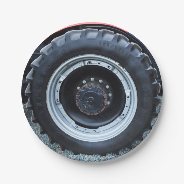 Black Farm Tractor Wheel Paper Plate (Front)