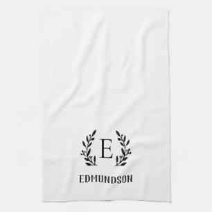 Black Farmhouse Branch Monogram   Editable Colours Tea Towel