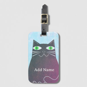 Black Fat Cat Blue Watercolor Custom Name Luggage Tag