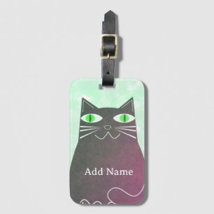 Black Fat Cat Green Watercolor Custom Name Luggage Tag