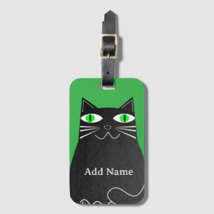 Black Fat Cat With Green Eyes Custom Name Green Luggage Tag