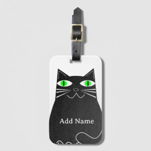 Black Fat Cat With Green Eyes Custom Name Luggage Tag