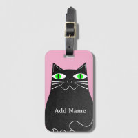 Black Fat Cat With Green Eyes Custom Name Pink