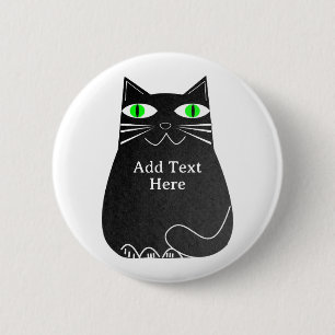 Black Fat Cat With Green Eyes Custom Text 6 Cm Round Badge