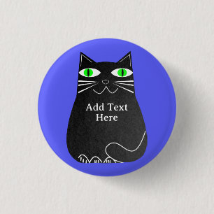 Black Fat Cat With Green Eyes Custom Text Blue 3 Cm Round Badge