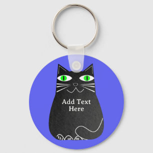 Black Fat Cat With Green Eyes Custom Text Blue Key Ring