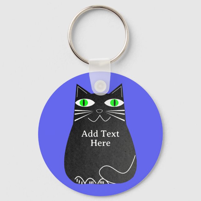 Black Fat Cat With Green Eyes Custom Text Blue Key Ring (Front)