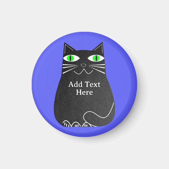 Black Fat Cat With Green Eyes Custom Text Blue Magnet (Front)
