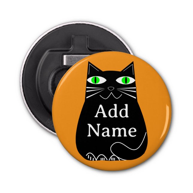 Black Fat Cat With Green Eyes Custom Text Bottle Opener (Front)