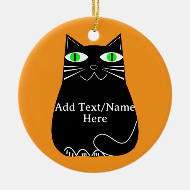 Black Fat Cat With Green Eyes Custom Text Ceramic Tree Decoration (Front)