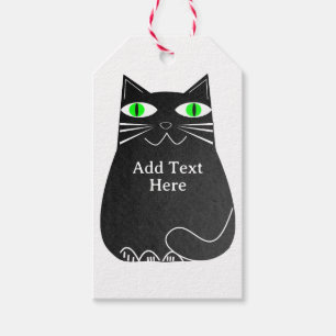 Black Fat Cat With Green Eyes Custom Text Gift Tags