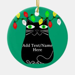 Black Fat Cat With Green Eyes Custom Text Green Ceramic Tree Decoration