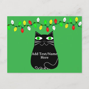 Black Fat Cat With Green Eyes Custom Text Green Postcard