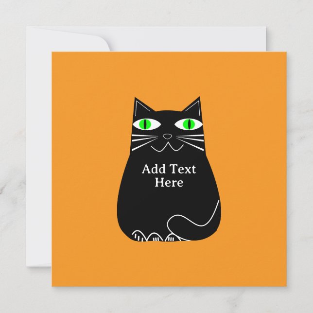 Black Fat Cat With Green Eyes Custom Text Holiday Card (Front)