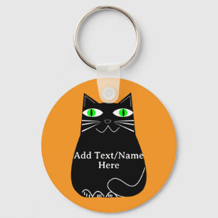 Black Fat Cat With Green Eyes Custom Text Key Ring