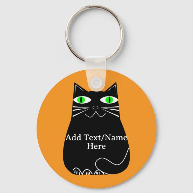 Black Fat Cat With Green Eyes Custom Text Key Ring (Front)