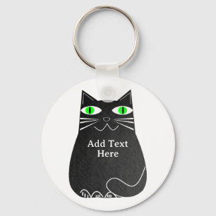 Black Fat Cat With Green Eyes Custom Text Key Ring
