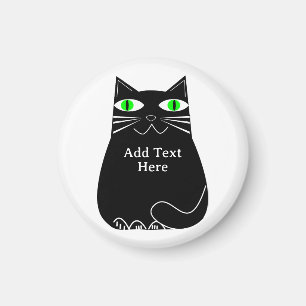 Black Fat Cat With Green Eyes Custom Text Magnet