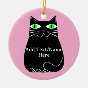 Black Fat Cat With Green Eyes Custom Text Pink Ceramic Tree Decoration
